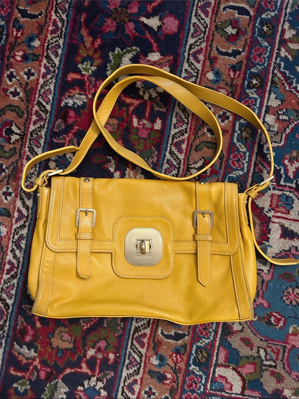 Longchamp Gatsby Leather Messenger Yellow Crossbody Bag with Turn-Lock Accent